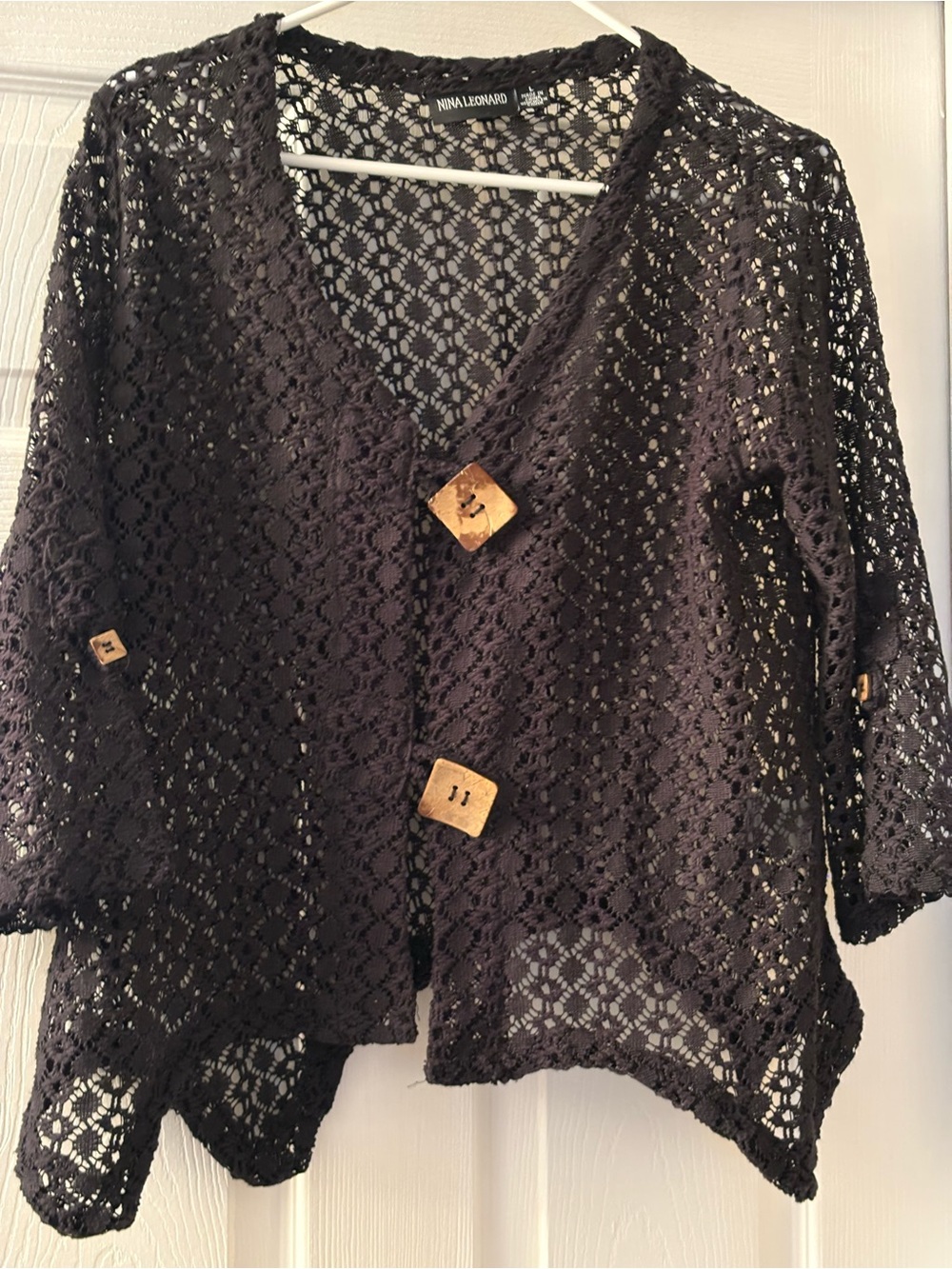 Nina Leonard Black Crochet Shrug with Square Wooden Buttons